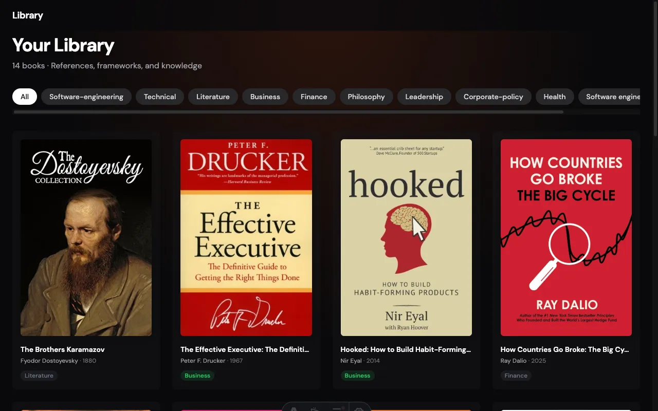 Library View web app showing a grid of converted book covers with a search field and category filters